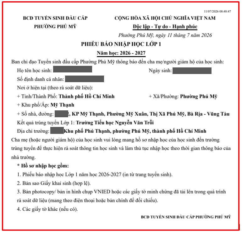 Hình ảnh mẫu bản in Phiếu báo nhập học